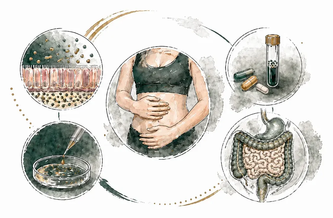 Watercolor illustration of digestive symptoms, the intestinal microbiome, and testing at a gut health clinic in Kirkland WA
