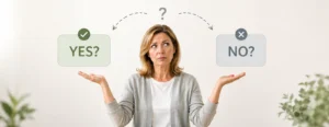 Middle-aged woman weighing her options while asking, 'Is hormone therapy safe?'