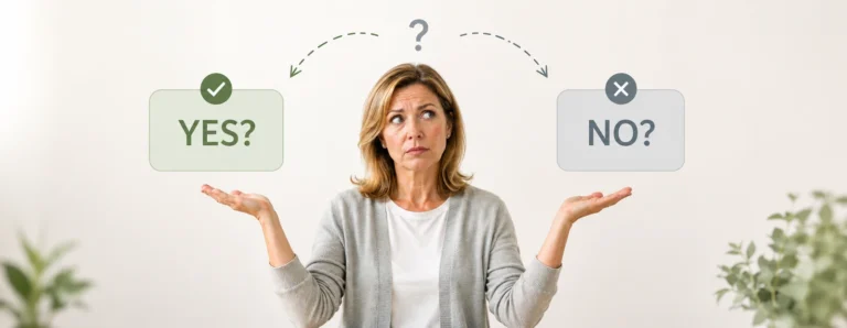 Middle-aged woman weighing her options while asking, 'Is hormone therapy safe?'