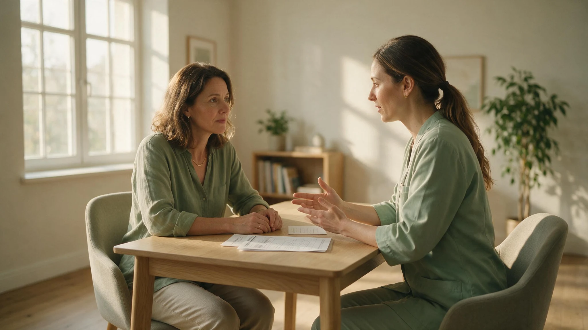 Patient asking, "Is hormone therapy right for me?" while reviewing lab results with her naturopathic clinician.