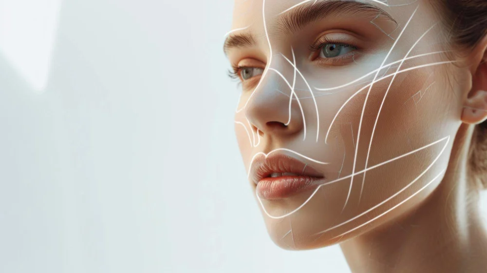 Woman with facial treatment mapping lines representing personalized medical aesthetics in Kirkland, WA
