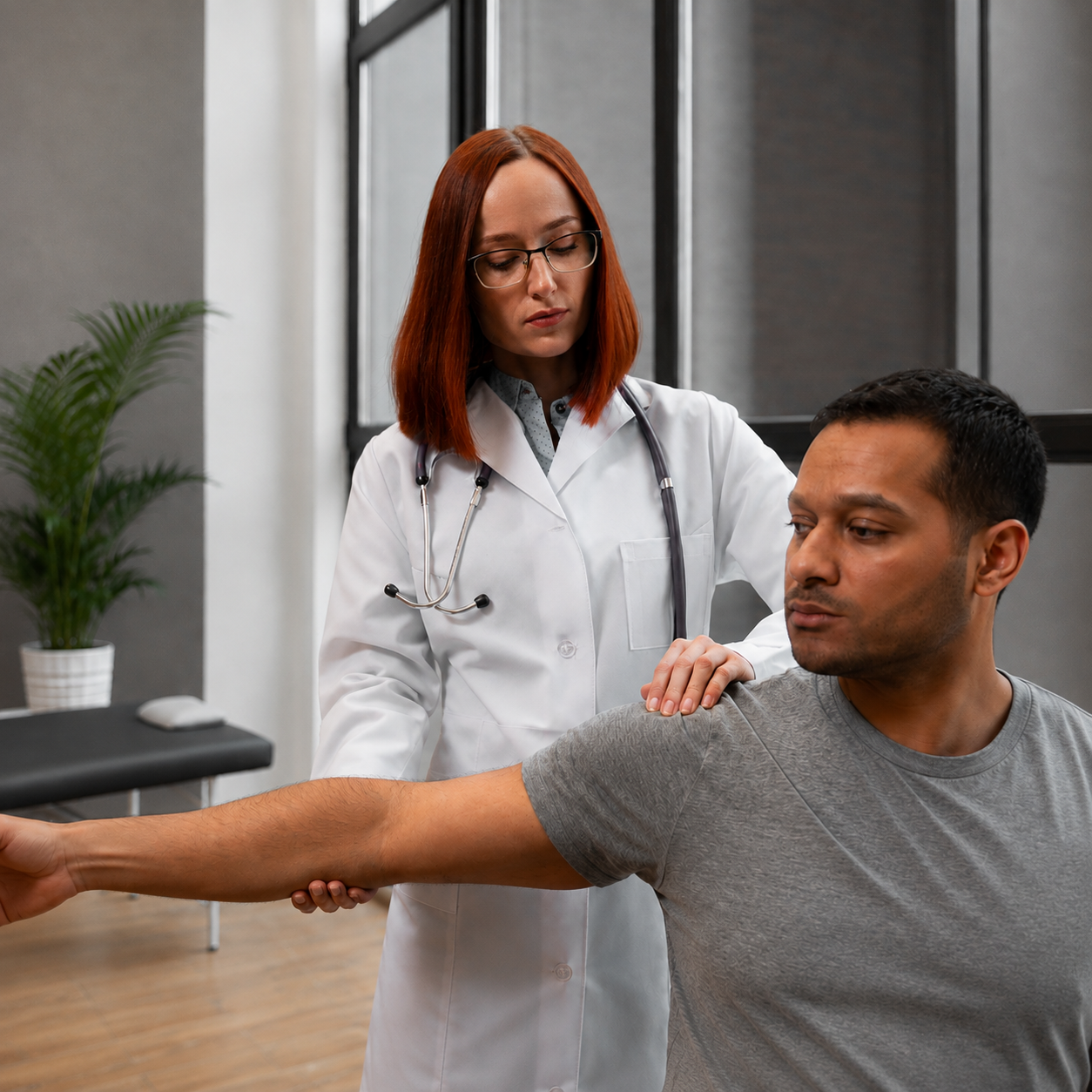 Naturopathic physician performing a shoulder exam during a functional medicine assessment at Divine Naturopathic Clinic in Kirkland, WA.