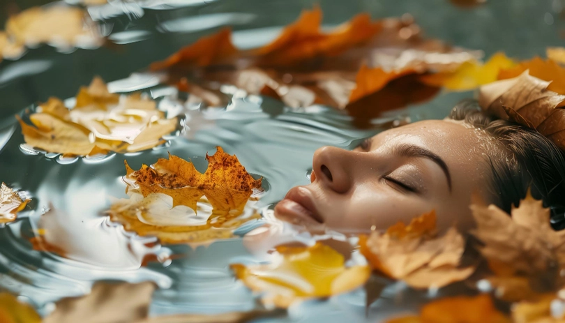 Woman resting in water among floating autumn leaves, illustrating the fall specials in Kirkland, WA at Divine Naturopathic Clinic.